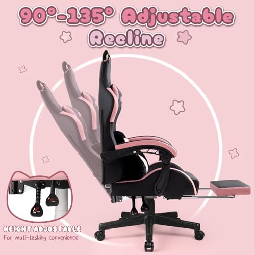 PUKAMI Pink Gaming Chair with Cute Cat Ears | Computer Chair for Girl with Footrest,Ergonomic Gamer Chair for Adult, Kawaii Gaming Chair, Game Chair (Light Black) - Image 7