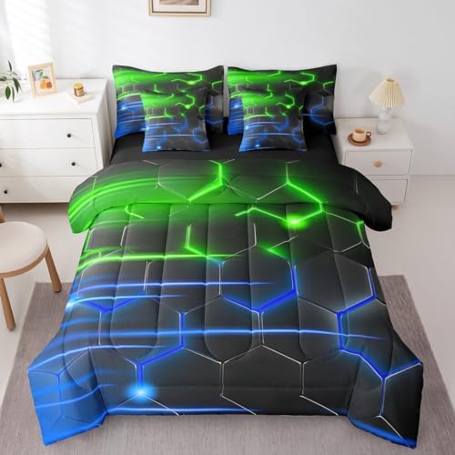 Feelyou Honeycomb Bedding Set Geometrical King Comforter Set with Sheets for Kids Boys Girls Teens Room Decor Modern Hexagon Theme Bed in a Bag 7 Piece Beehive Green Blue Bed Set by Feelyou