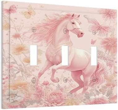 Decorative Light Switch Cover Plate Fantastical Pink Horse and Flowers 3 Gang Wall Plate Triple Toggle Switch Plate Covers 3 Hole Electrical Switchplate Dimmer Faceplate for Bedroom Decor - Image 2