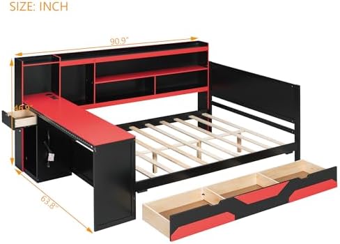Merax Full Size Gaming Daybed with Integrated Desk and Lights, Wooden Platform Bed Frame with 3 Storage Drawers and Built-in Charging Station, Multi-Functional Headboard Shelves, No Box Spring Needed - Image 2