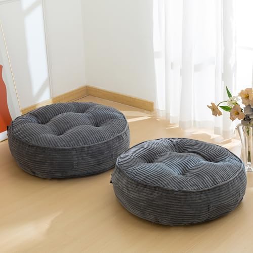 HIGOGOGO 6" Extra Thick Floor Pillow Cushion for Adults, Meditation Cushion Pillow, Large Round Floor Sitting, Tufted Corduroy Cover, for Tatami Living Room or Yoga, 22x22 Inch, 2Pack, Dark Grey by HIGOGOGO