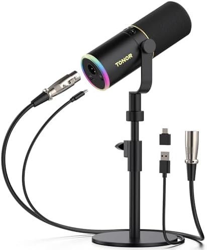 TONOR Dynamic Podcast Microphone, XLR/USB Mic for Recording, Streaming, XLR Cardioid Studio Mic with Quick Mute, Volume Control, 200 cm/78inch Cable, with RGB and Desktop Stand, Black, TD520S by TONOR