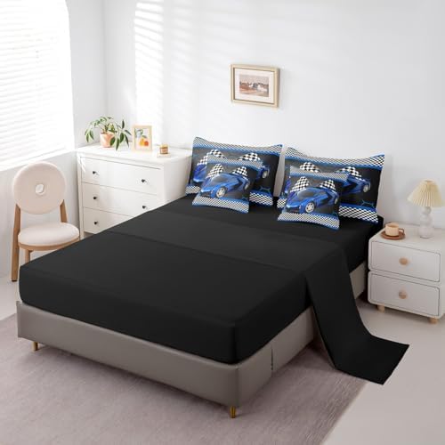 Feelyou Race Car King Comforter Set with Sheets for Kids Boys Black White Checkered Flag Print Bed in a Bag Extreme Sports Bedding Set 7 Piece Honeycomb Speed Sports Car Blue Bed Set - Image 4