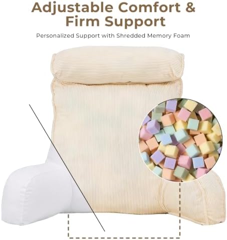 Reading Pillow for Bed with Detachable Neck Roll and Shredded Memory Foam, Back Pillow with Arms for Sitting Up, Washable Bed Rest Pillow with Side Pocket for Gaming, Sofa, Dorm - Beige - Image 4