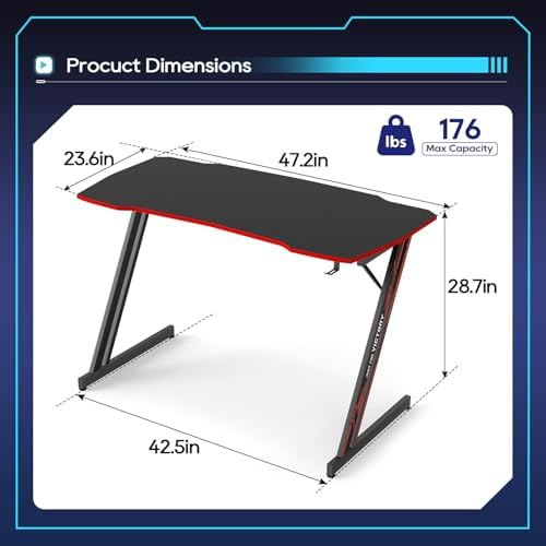 BestOffice Gaming Desk Z Shaped 47 inch PC Computer Desk Computer Workstation Ergonomic Gaming Table with Headphone Hook for Game Players, Black&Red - Image 3