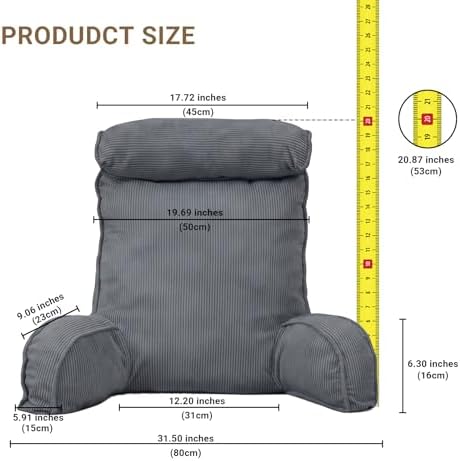 Reading Pillow for Bed with Detachable Neck Roll and Shredded Memory Foam, Back Pillow with Arms for Sitting Up, Washable Bed Rest Pillow with Side Pocket for Gaming, Sofa, Dorm - Dark Gray - Image 2
