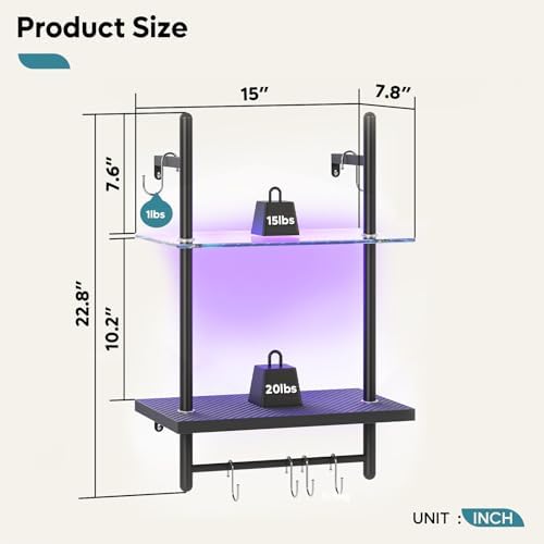 Bestier 15" Gaming Floating Shelves with LED Lights, Carbon Fiber Black - Image 3