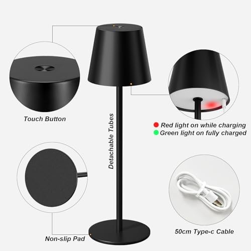 Kakanuo 20" Black Cordless Table Lamp Rechargeable - 2 Pack 5000mAH Battery Operated Lamp for Counter, 3 Color Stepless Dimming Wireless Lamp for Dining Table, Touch Control - Image 6