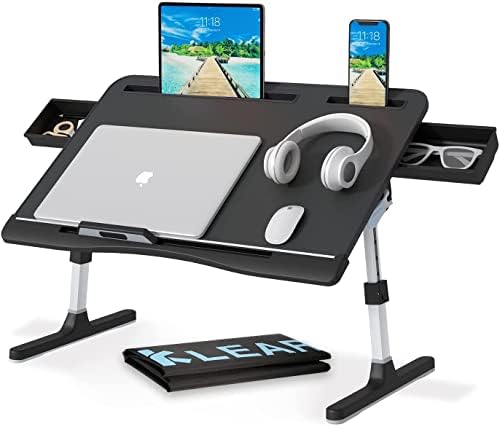 Laptop Desk for Bed, Lap Desks Trays with Double Storage Drawers, Adjustable Premium Leather Laptop Stand with Extra Drawstring Bag, Foldable Lap Table for Eating, Working, Writing and Drawing by KLEAR