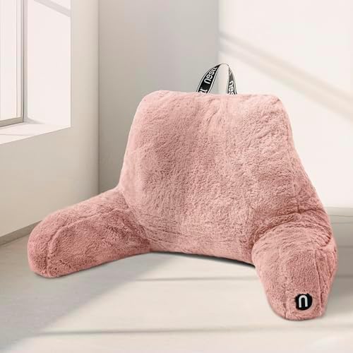 Nestl Fur Reading Pillow, Stylish Back Pillow for Bed Sitting Up, Faux Fur Bed Chair Pillow with Arms, Reading Pillows for Sitting in Bed Adult & Kids, Back Support Pillow for Bed Rest - Peach Beige by Nestl
