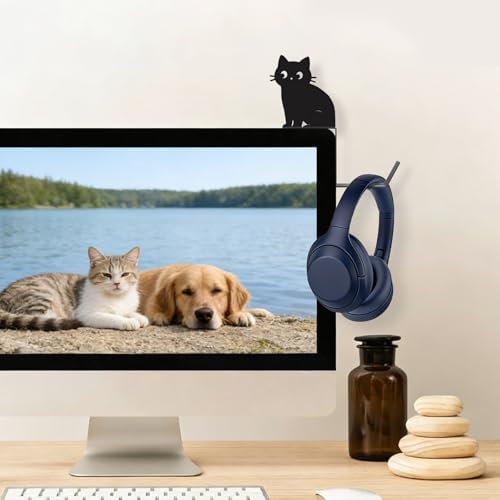 Metal Dog And Cat headphone holder for monitor, Sit cat, Black - Image 2