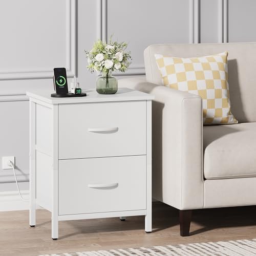 Vagusicc Nightstand with Charging Station, Bedside Table with USB Ports and Outlet, End Table Side Table with 2 Fabric Drawers for Bedroom, Living Room, White - Image 2