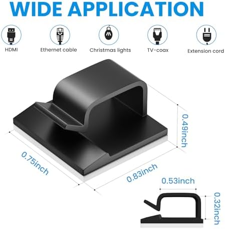 100 PCS Adhesive Cable Clips Black (50 Small & 50 Large), Cable Management Under Desk, Cable Wall Clip, Wire Clips for Cords of Car Dash Cam, HDMI, Extension Cord, TV PC Phone USB Ethernet Coax - Image 3
