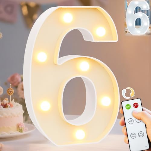 Pooqla LED Light Up Numbers, Marquee Number with Remote for 6th Birthday Decoration, Lighted Numbers Gift for Boys Girls Party Backdrop Wedding Anniversary Decor, Warm White and Cool White Number 6 by Pooqla