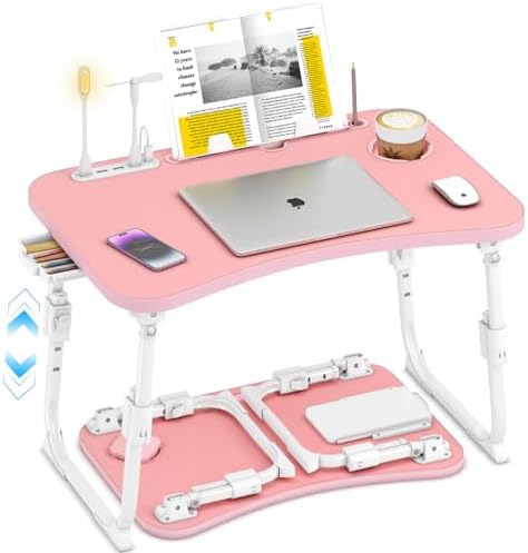 Lap Desk for Bed Adjustable Height, Foldable Bed Table with Storage Drawer, Tablet Slot & Cup Holder, Portable Laptop Stand for Bed & Sofa, Bed Desk for Adults & Kids, Pink by OPKING