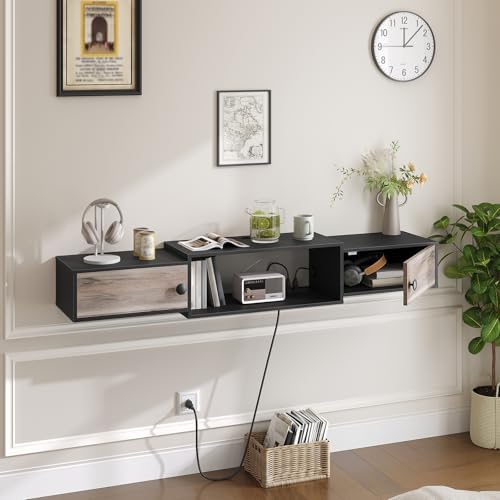 HOOBRO 55" Floating TV Stand with Power Outlets, Modern Wall Mounted Media Console Shelf with Doors, Entertainment Center for Under TV Storage, for Living Room, Bedroom, Greige and Black BG11UDS01 - Image 4