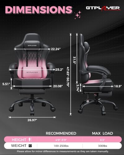 GTPLAYER Big and Tall Gaming Chair with Footrest, Ergonomic Office Desk Chair with 4.4in Thick Cushion and Wide Wingless Seat, Comfortable Leather Computer Chair, Predator Series, Pink Gradient - Image 2
