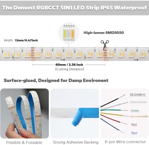 IP65 Waterproof RGBCCT LED Strip, 24V 5m 16.4ft 5050 560 LEDs 12mm Width Flex Cut to Length Dimmable RGBWW LED Strip Light for Damp Environment (IP65 Splashproof 12mm Width) - Image 2