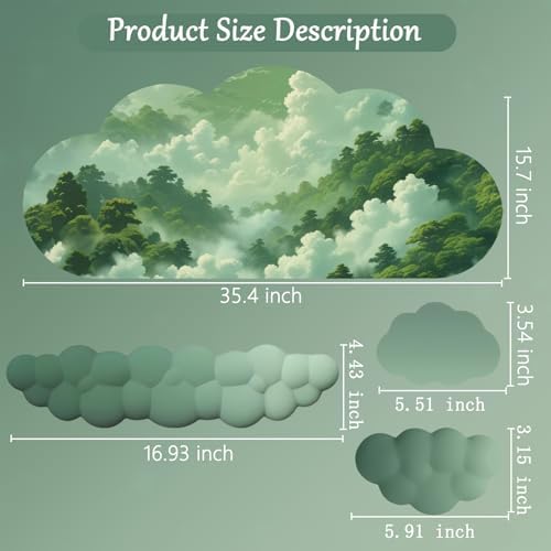 Cloud Mouse Pad Keyboard Wrist Rest for Mouse 4PCS Extended Large Desk Mat Pad Set Memory Foam Non-Slip Cute Ergonomic Gaming Mouse Wrist Support for Computer Home Office Mountain Forest Green - Image 2