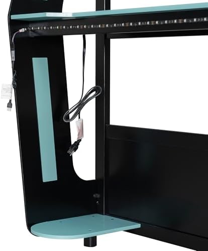 Merax Full Over Full Gaming Bunk Bed Frame with Side-Mounted Oversized Desk, USB Charging Ports & Cable Grommet & Light, Cool Design Heavy-Duty Esports Loft Bed Frame, Blue - Image 7