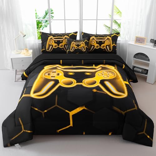 Queen Comforter Set with Sheets, 6Pcs Black and Gold Gaming Bedding Set for Boys, 3D Game Console Bed in A Bag, Gamepad Print Teen Boy Bedding for Bedroom (Gold, Queen) by BYHOFMLY