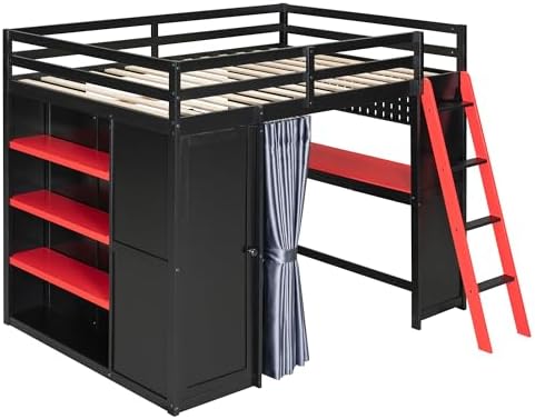Merax Full Size Loft Bed with Desk and 6 Storage Shelves, Wardrobe, Blackout Curtain, Solid Wood Gaming Loft Bed Frame with USB Port & RGB Lights, No Box Spring Needed, Space-Saving, Black+Red - Image 6