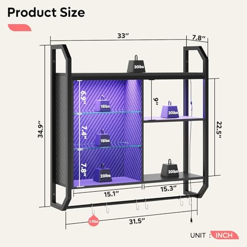 Bestier LED Gaming Floating Shelves, 34" Wall Mounted Shelf Pipe Shelves Hanging Display Rack Bookshelf with 6 S-Hook, Gaming Room Decor Wine Coffee Bar, Black Carbon Fiber - Image 3