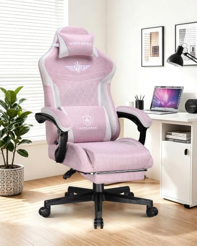 GTPLAYER Gaming Chair with Footrest, Big and Tall Game Chair High Back Computer Office Chair with Lumbar Support for Adults, Ergonomic Swivel Games Chair with Cushion Gaming, Fabric Pink by GTPLAYER