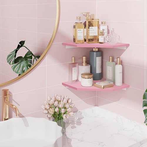 Homode Corner Floating Shelves, Corner Wall Shelf with Cord Hole, 2 Tier Wood Hanging Corner Shelf for Bathroom, Bedroom, Living Room, Pink - Image 5