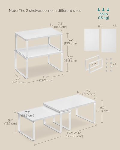 SONGMICS Cabinet Organizer Shelf, Set of 2 Kitchen Counter Shelves, Kitchen Storage, Spice Rack, Stackable, Expandable, Metal and Engineered Wood, Cloud White and Snow White UKCS02W01 (Pack of 2) - Image 5