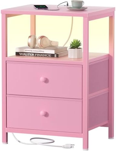 BOLUO Pink Nightstand with Charging Station, LED Night Stand with 2 Fabric Drawers, Bedside Table with USB Ports and Outlets, Nightstand for Bedroom Modern by BOLUO
