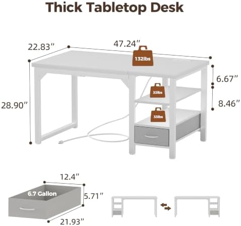 Mericonia 48" Reversible Computer Desk with Drawer, 1.2" Thick Office Desk - Image 2