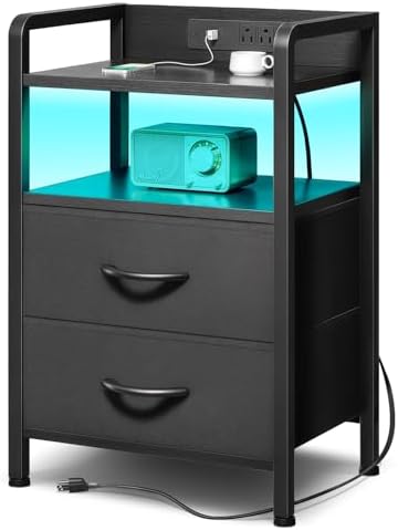 Lazzanto Nightstand with Rear Charging Station, LED Light, 2 Drawers, Black by Lazzanto