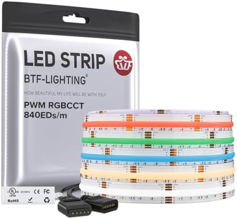 BTF-LIGHTING 16.4FT RGBCCT COB LED Strip Light, DC24V Color Changing by BTF-LIGHTING