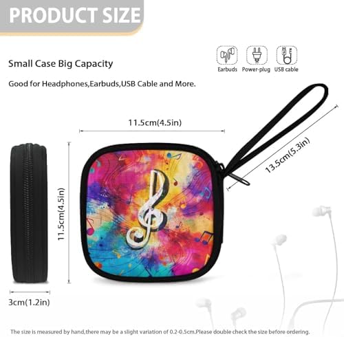 Colorful Musical Notes Square Earbud Case Portable Carrying Case Storage Bag Cell Phone Accessories Organizer with Handle for Earphone, Earbud, Earpieces - Image 5