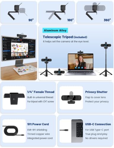 Pro HD 1080p/30fps Webcam with Tripod, External USB-C Camera for PC/Laptop - Image 3