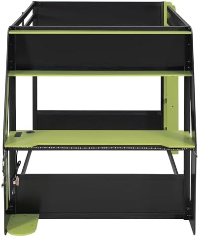 Merax Full Over Full Gaming Bunk Bed Frame with Side-Mounted Oversized Desk, USB Charging Ports & Cable Grommet & Light, Cool Design Heavy-Duty Esports Loft Bed Frame, Green - Image 4