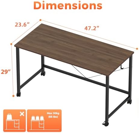 Mericonia 47x24 Inch Computer Desk with Wheels, Small Simple Rolling Desk - Image 2