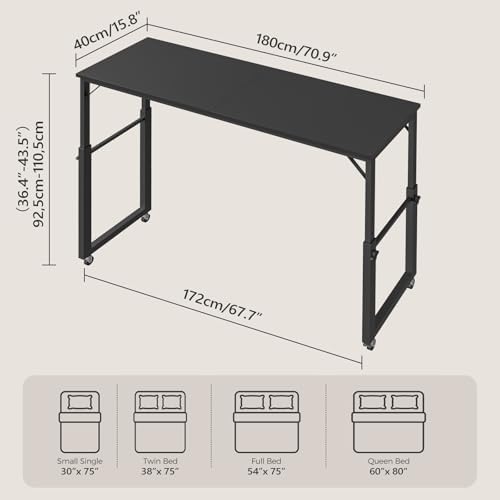MAHANCRIS Overbed Table with Wheels, Mobile Bed Desk for Queen Size, 36"-43.5" Adjustable Height Rolling Table, Recliner Desk, Mobile Cross Bed for Bedroom, Living Room, Office, Black MTBK18001 - Image 2