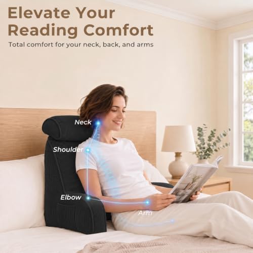 Reading Pillow for Bed with Detachable Neck Roll and Shredded Memory Foam, Back Pillow with Arms for Sitting Up, Washable Bed Rest Pillow with Side Pocket for Gaming, Sofa, Dorm - Black - Image 3