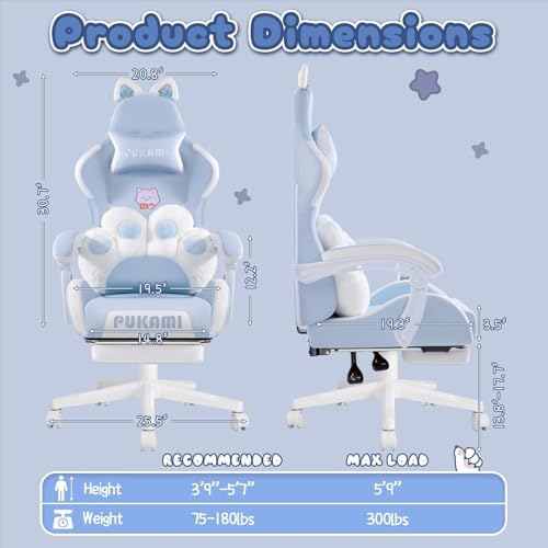 PUKAMI Gaming Chair with Cat Ears,Cute Computer Chair for Girl with Footrest,Ergonomic Gamer Chair, Kawaii Gaming Chair, Game Chair (Blue) - Image 2