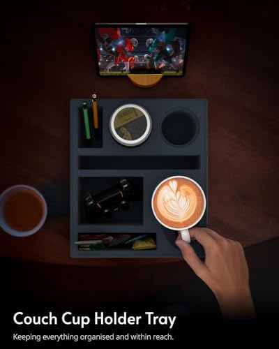Couch Cup Holder Tray - Couch Organizer Caddy, Silicone Beach Caddy with Cup Holder, Sofa and Bed Drink Holder and Couch Tray Table for Snacks Beverage Remote (Black) - Image 6