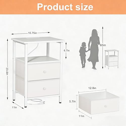 Nightstand with Charging Station, Bedside End Table with 2 Fabric Drawers for Bedroom, Side Table with USB Ports and Outlets (White) - Image 2