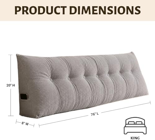 Wedge Reading Pillow Headboard King Size, Headboard Bolster Pillow for Bed, Triangular Backrest Cushion with Removable Corduroy Cover, LightGrey - Image 2