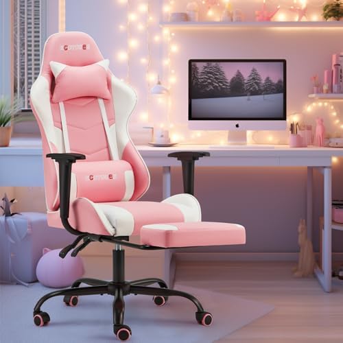ECOTOUGE Pink-White Ergonomic PC Massage Gaming Chair | Reclining Racing PU Leather, Swivel Rocker, Headrest, Lumbar Pillow, Office Desk Chair, Adjustable Height, Sturdy Base - Image 2