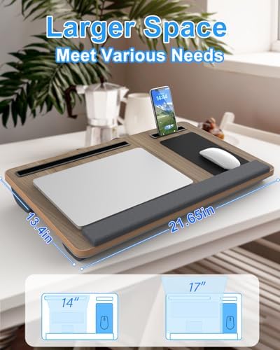 Laptop Lap Desk, Portable Large Laptop Desk for Bed, Up to 17 in Lap Table with Wrist Rest, Mouse Pad, Tablet Phone Slot, Portable Handle, Cushion (Dark Brown Woodgrain) - Image 2
