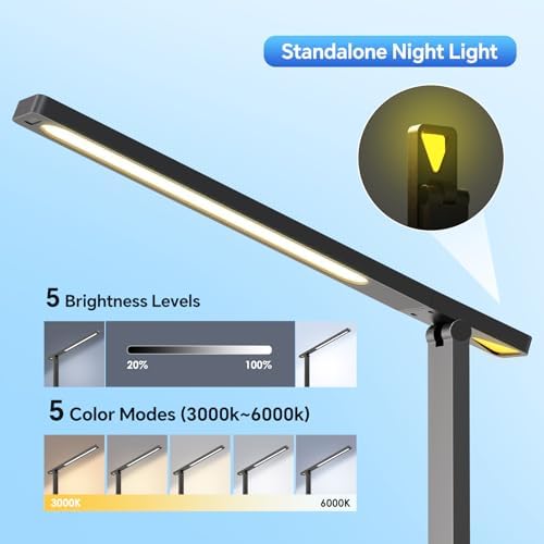 LED Desk Lamp with Power Strip: Table Lamp with Charging Station - 2 Outlets 1 USB-A Ports 1 Type-C Ports, Surge Protection, 5 Color Modes 5 Brightness for Home Office, College Dorm Room Essentials - Image 4