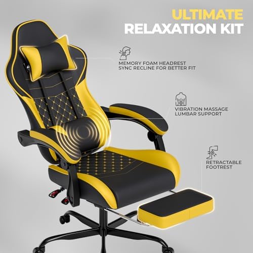 Ergonomic Video Gaming Chair Blackyellow | Massage Lumbar Support, 90°-135° Reclining with Footrest, Adjustable Height 360° Swivel PU Leather Office Chair for Adults - Image 3
