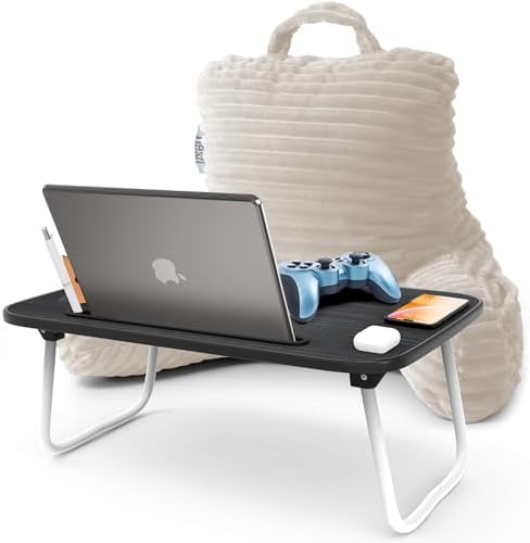 Nestl Linen Reading Pillow with Bed Desk for Laptop and Writing, Luxe Cut Plush Back Pillow for Sitting Up, Back and Arms Adjustable Support for Kids and Teens, Foldable Lap Desk for Bed 19x11” by Nestl
