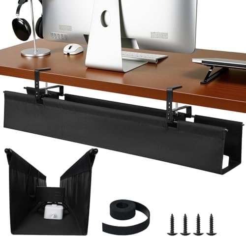 SHUWEI 48" Under Desk Cable Management Tray, Premium Fabric Cable Management for Desk, Clamp/Screw Mount Cable Tray for Office and Home, Black by SHUWEI